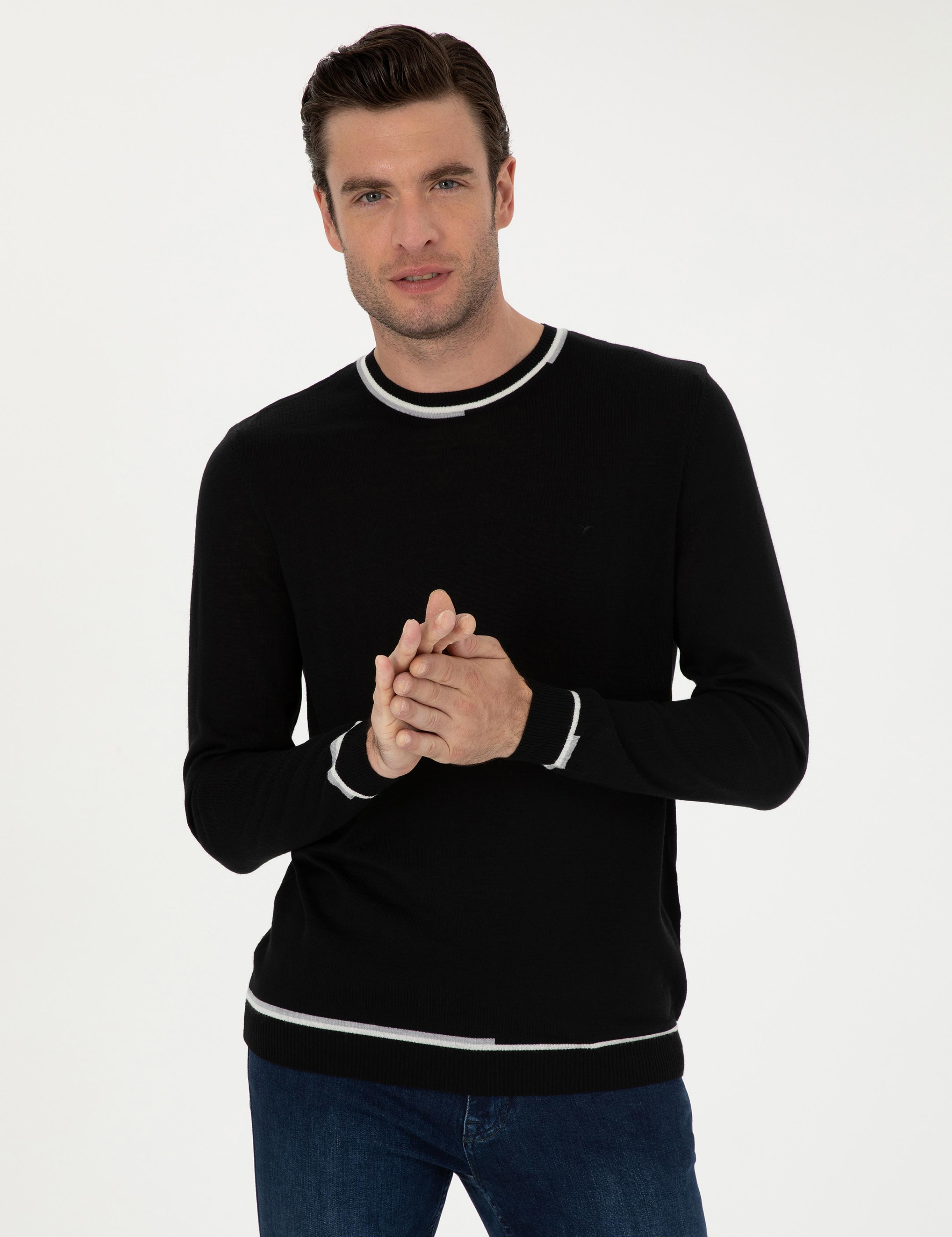 Siyah Slim Fit Yün Karışımlı Bisiklet Yaka Triko Kazak - 50271571070
