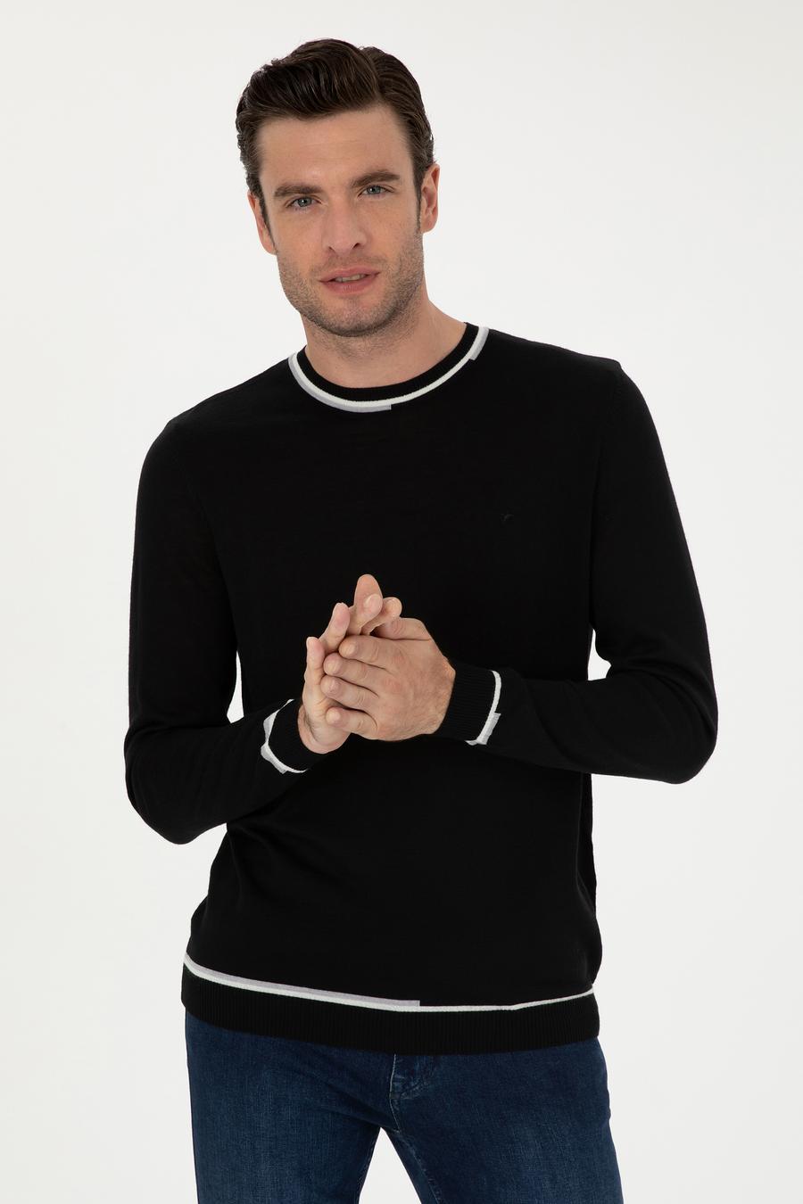 Siyah Slim Fit Yün Karışımlı Bisiklet Yaka Triko Kazak - 50271571070