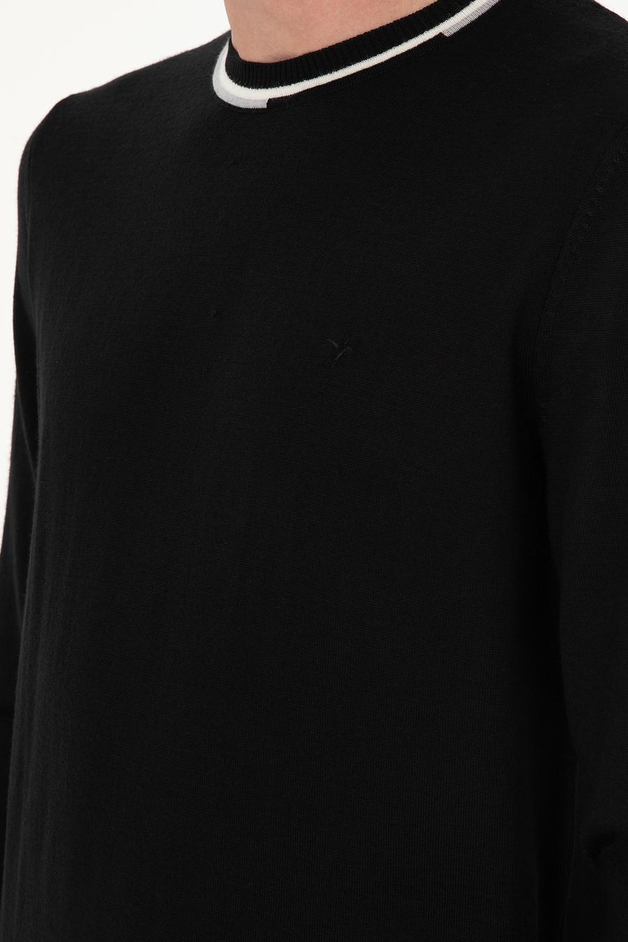 Siyah Slim Fit Yün Karışımlı Bisiklet Yaka Triko Kazak - 50271571070