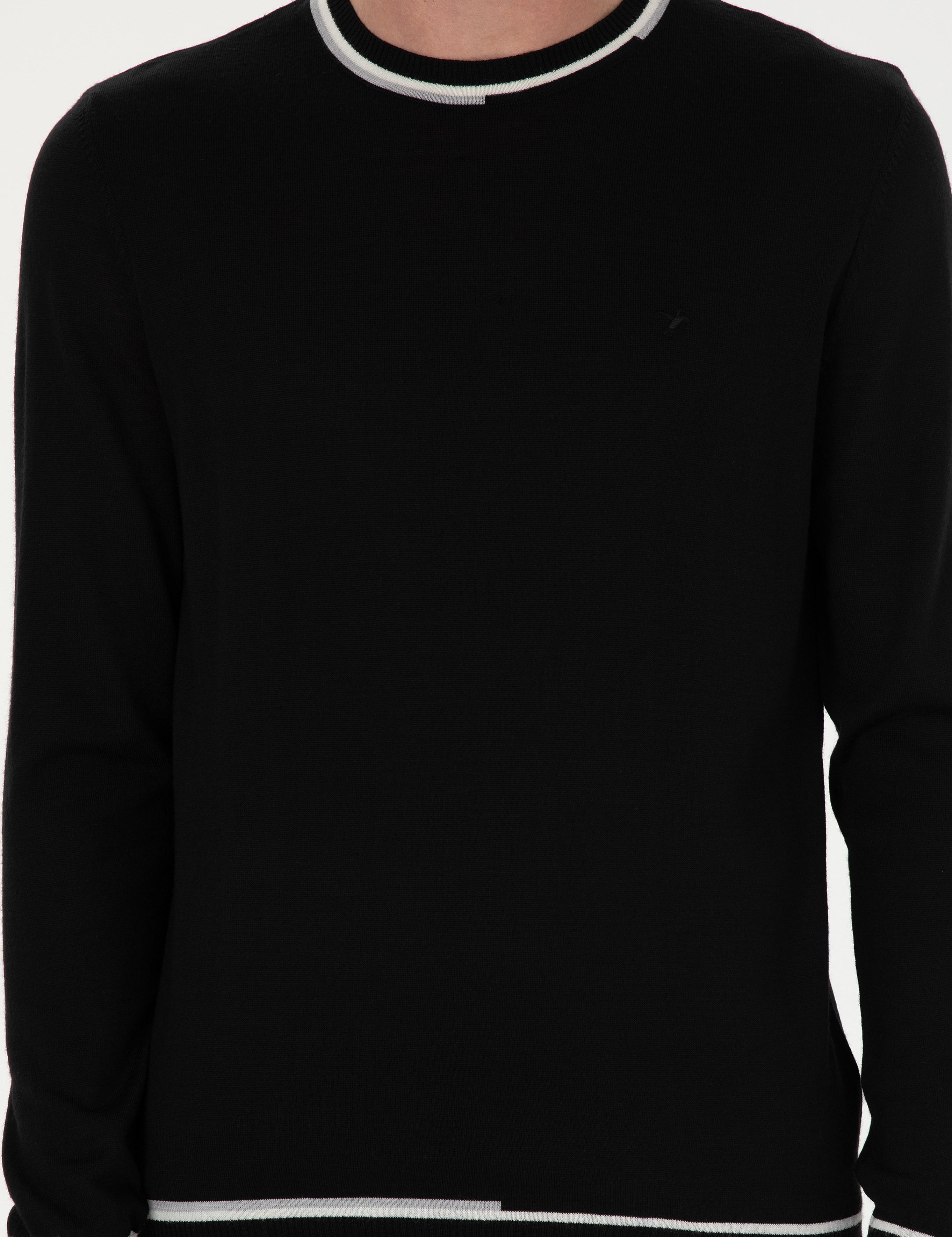 Siyah Slim Fit Yün Karışımlı Bisiklet Yaka Triko Kazak - 50271571070