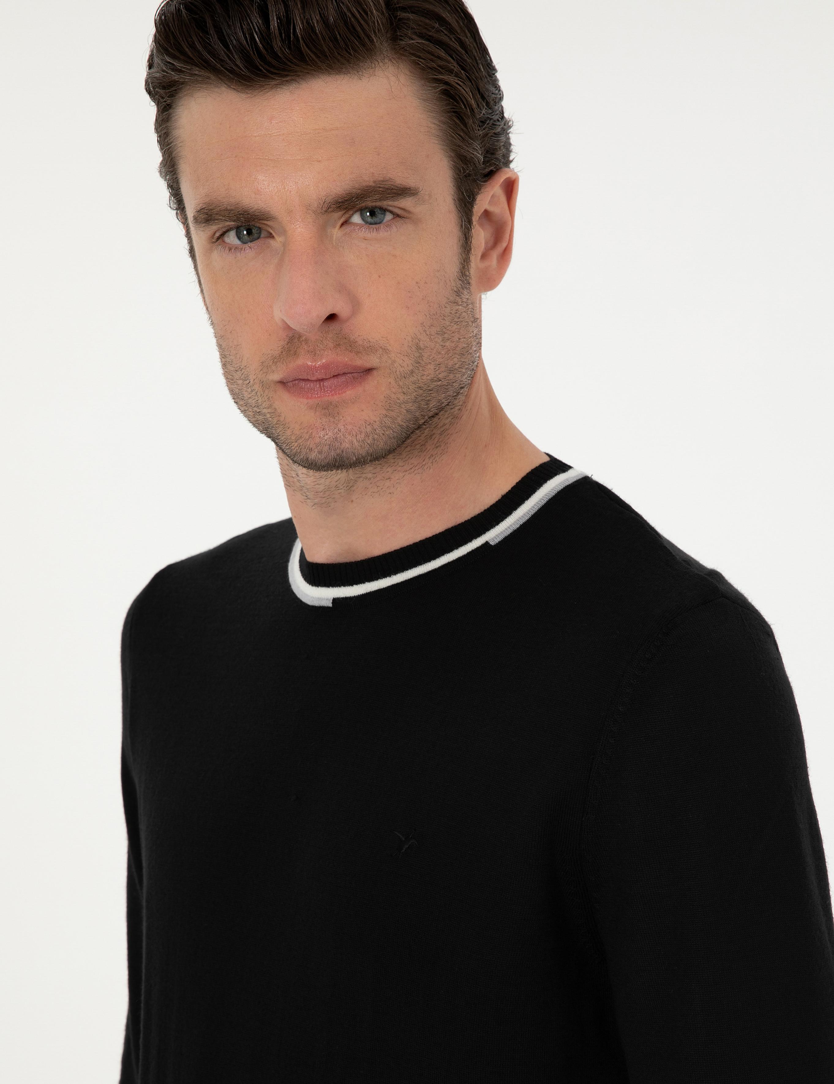 Siyah Slim Fit Yün Karışımlı Bisiklet Yaka Triko Kazak - 50271571070