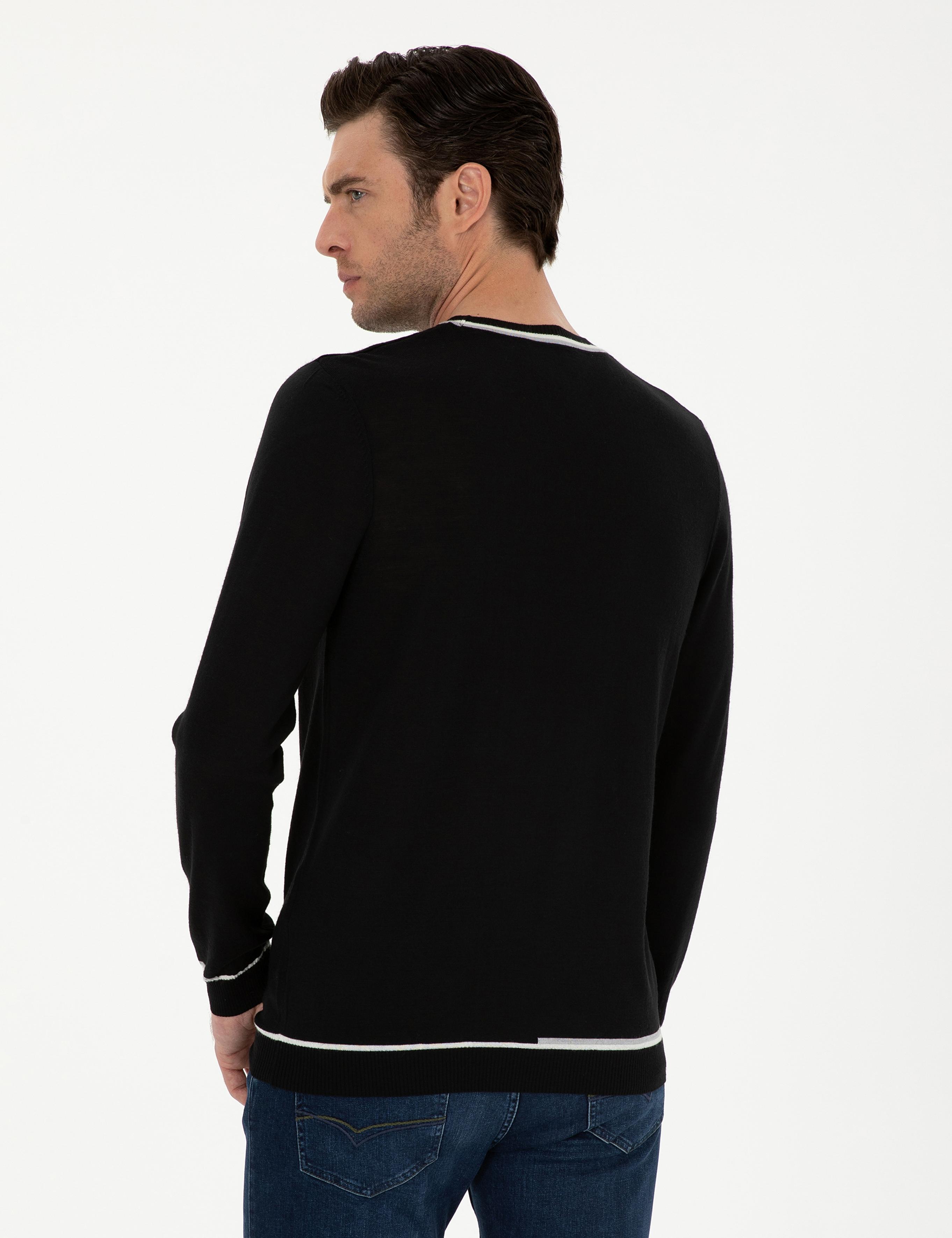 Siyah Slim Fit Yün Karışımlı Bisiklet Yaka Triko Kazak - 50271571070