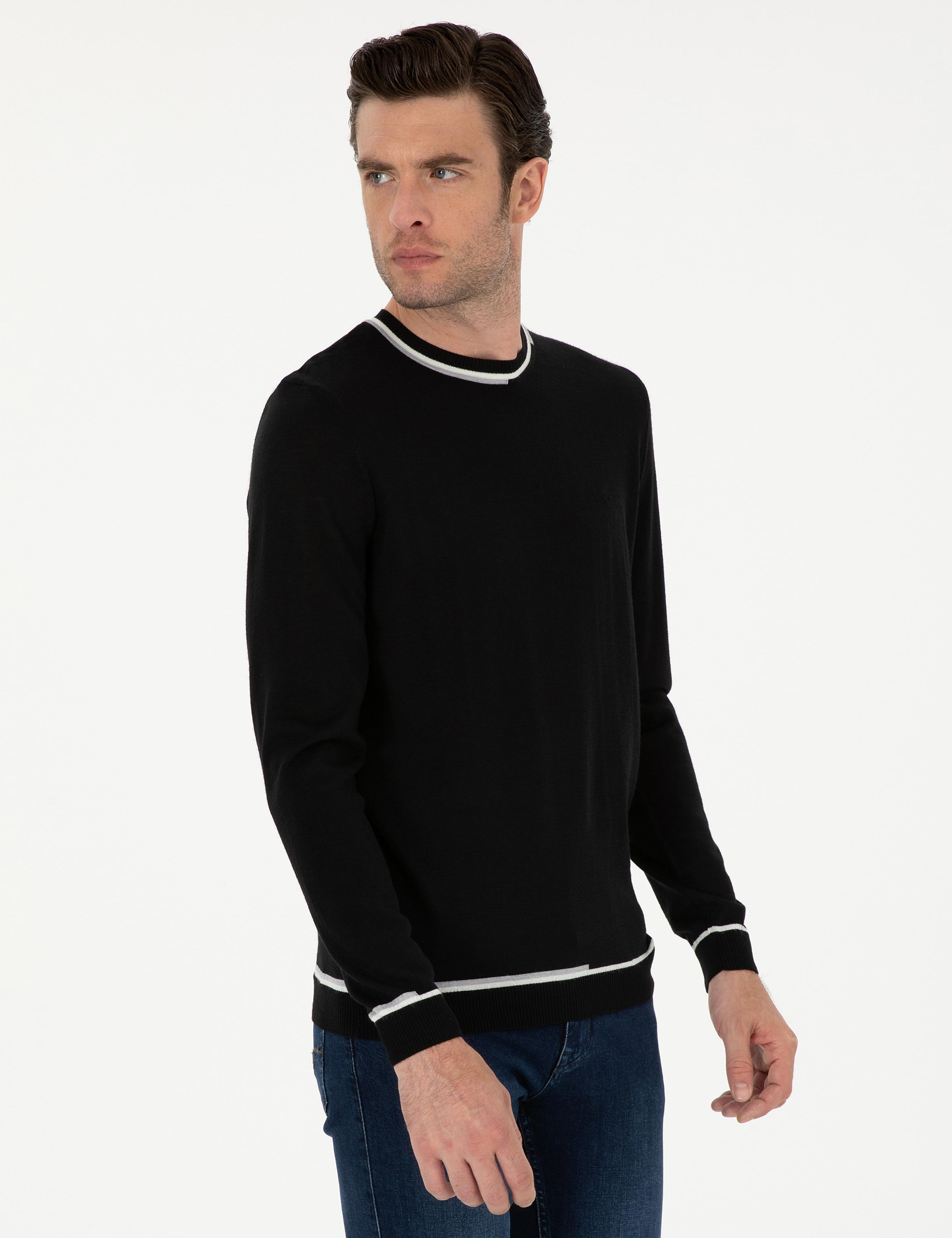 Siyah Slim Fit Yün Karışımlı Bisiklet Yaka Triko Kazak - 50271571070