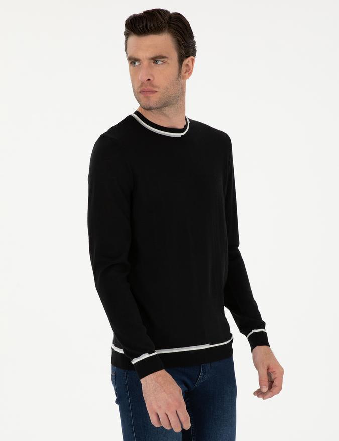 Siyah Slim Fit Yün Karışımlı Bisiklet Yaka Triko Kazak