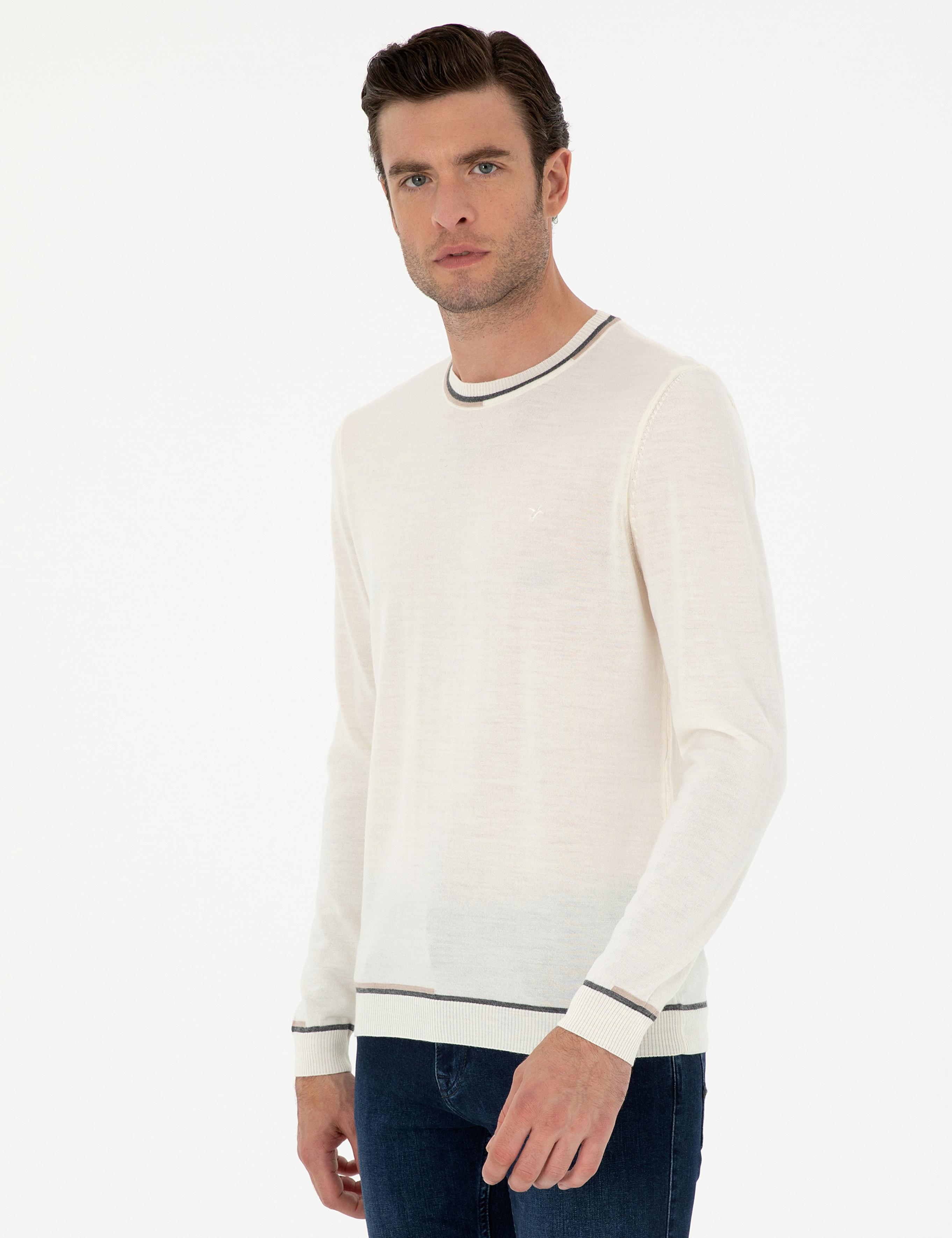 Beyaz Slim Fit Yün Karışımlı Bisiklet Yaka Triko Kazak - 50271571179