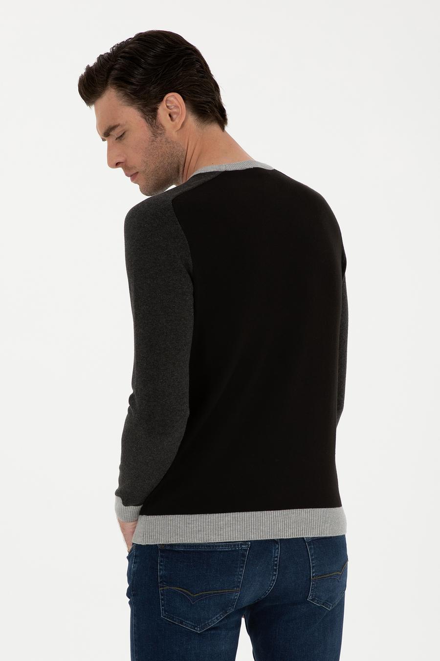 Siyah Slim Fit Pamuk Karışımlı Bisiklet Yaka Triko Kazak - 50272470068