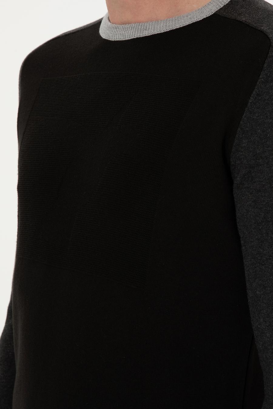 Siyah Slim Fit Pamuk Karışımlı Bisiklet Yaka Triko Kazak - 50272470068