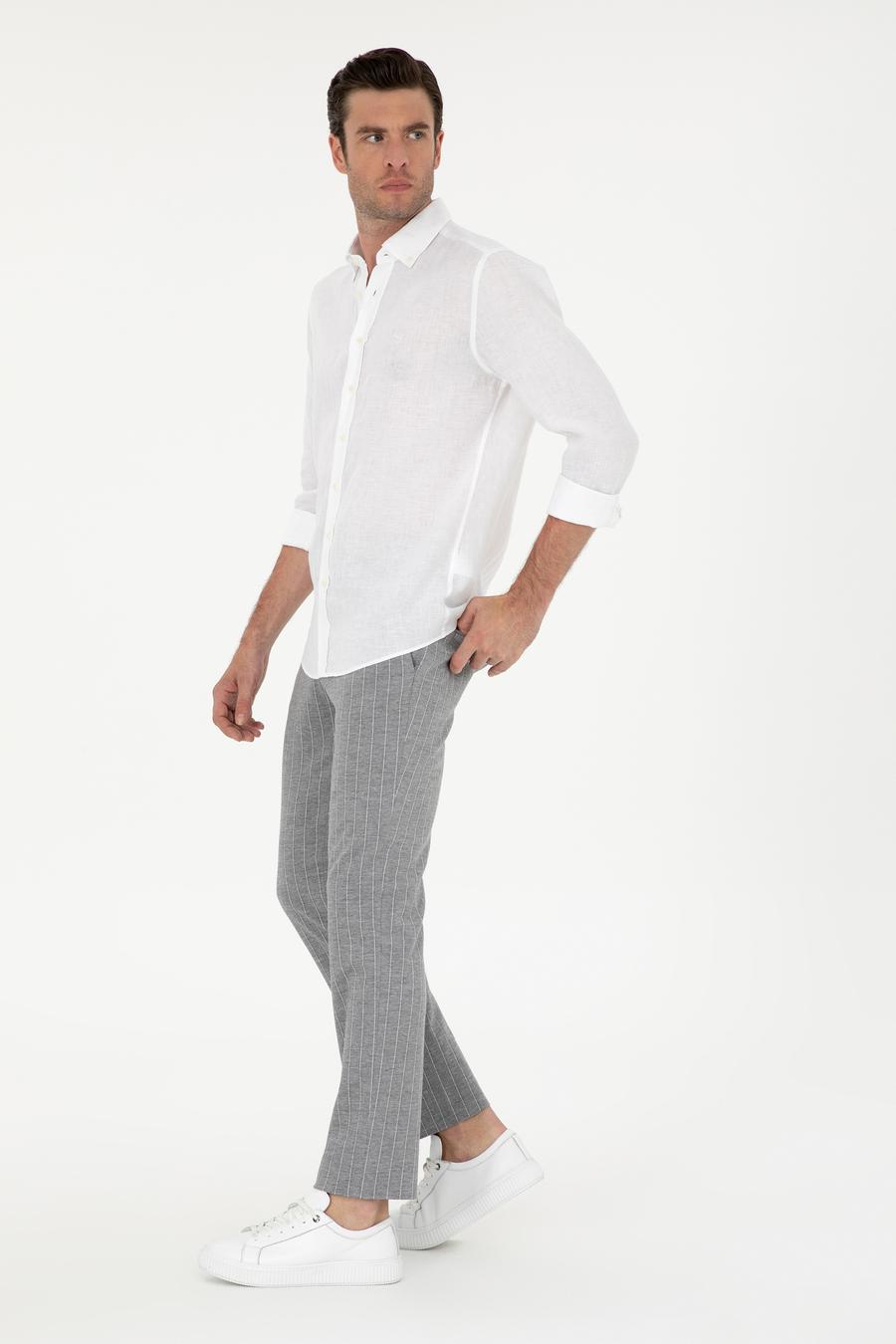 Açık Gri Slim Fit Yün Karışımlı Çizgili Pantolon - 50284809008