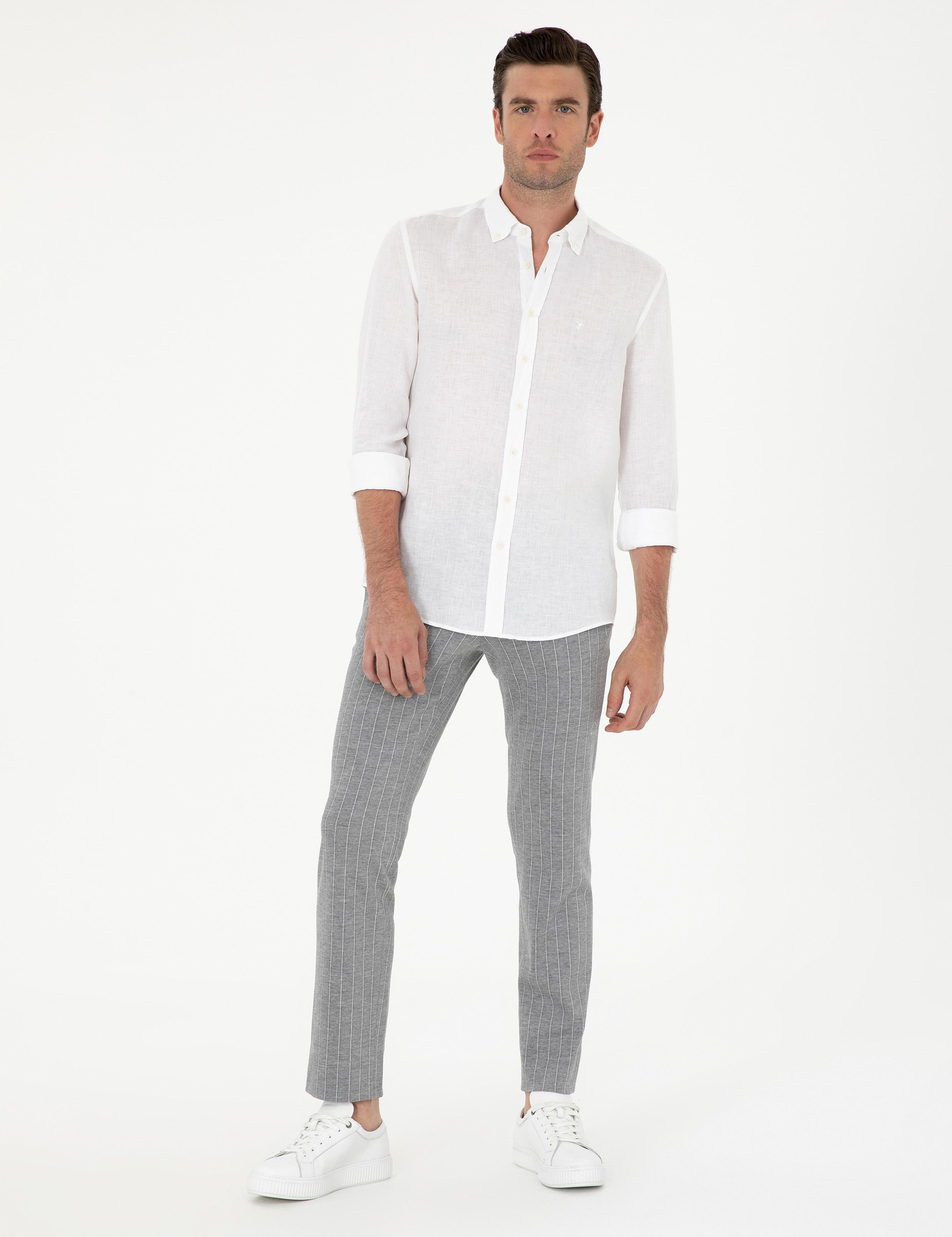 Açık Gri Slim Fit Yün Karışımlı Çizgili Pantolon - 50284809008