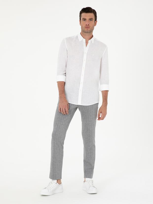 Açık Gri Slim Fit Yün Karışımlı Çizgili Pantolon