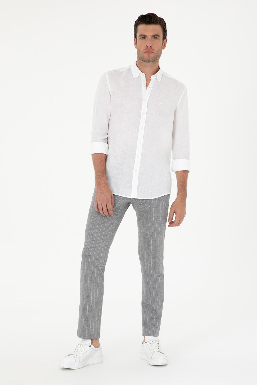 Açık Gri Slim Fit Yün Karışımlı Çizgili Pantolon - 50284809008