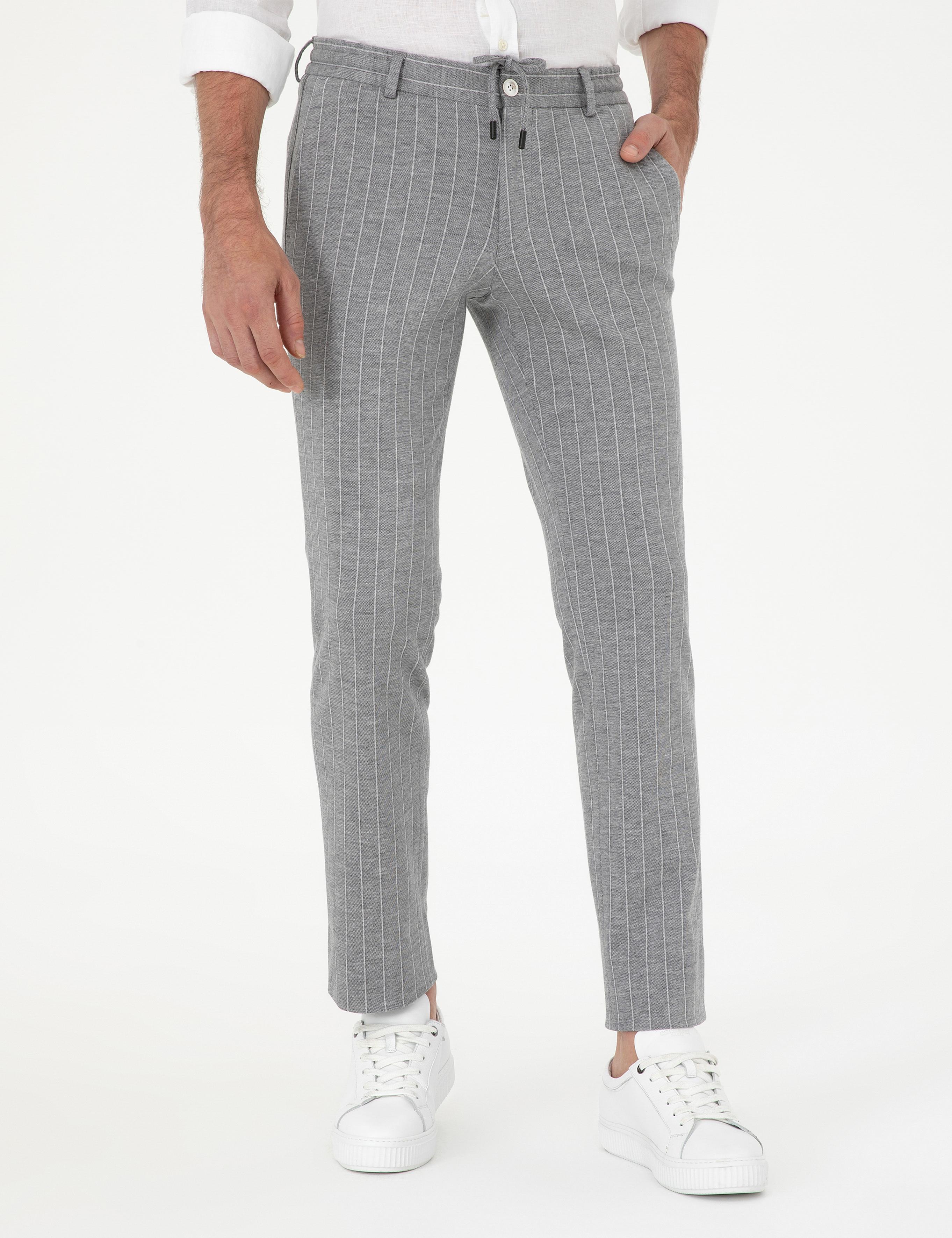 Açık Gri Slim Fit Yün Karışımlı Çizgili Pantolon - 50284809008