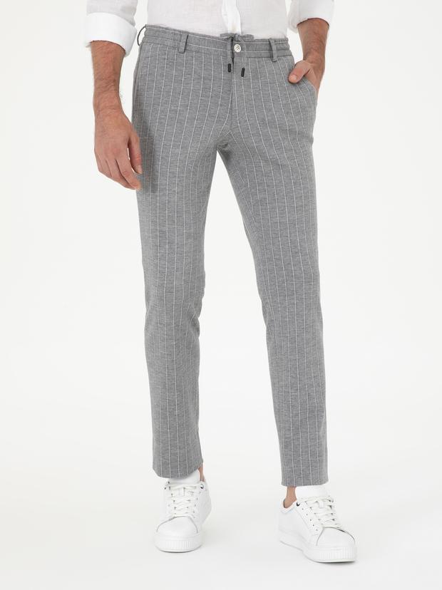 Açık Gri Slim Fit Yün Karışımlı Çizgili Pantolon
