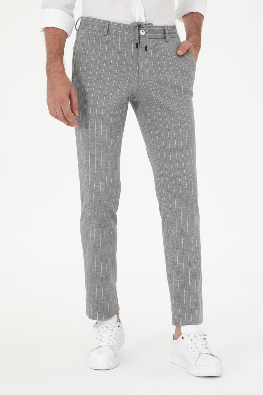 Açık Gri Slim Fit Yün Karışımlı Çizgili Pantolon - 50284809008