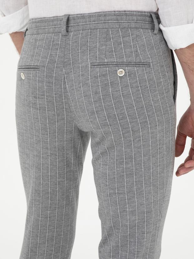 Açık Gri Slim Fit Yün Karışımlı Çizgili Pantolon
