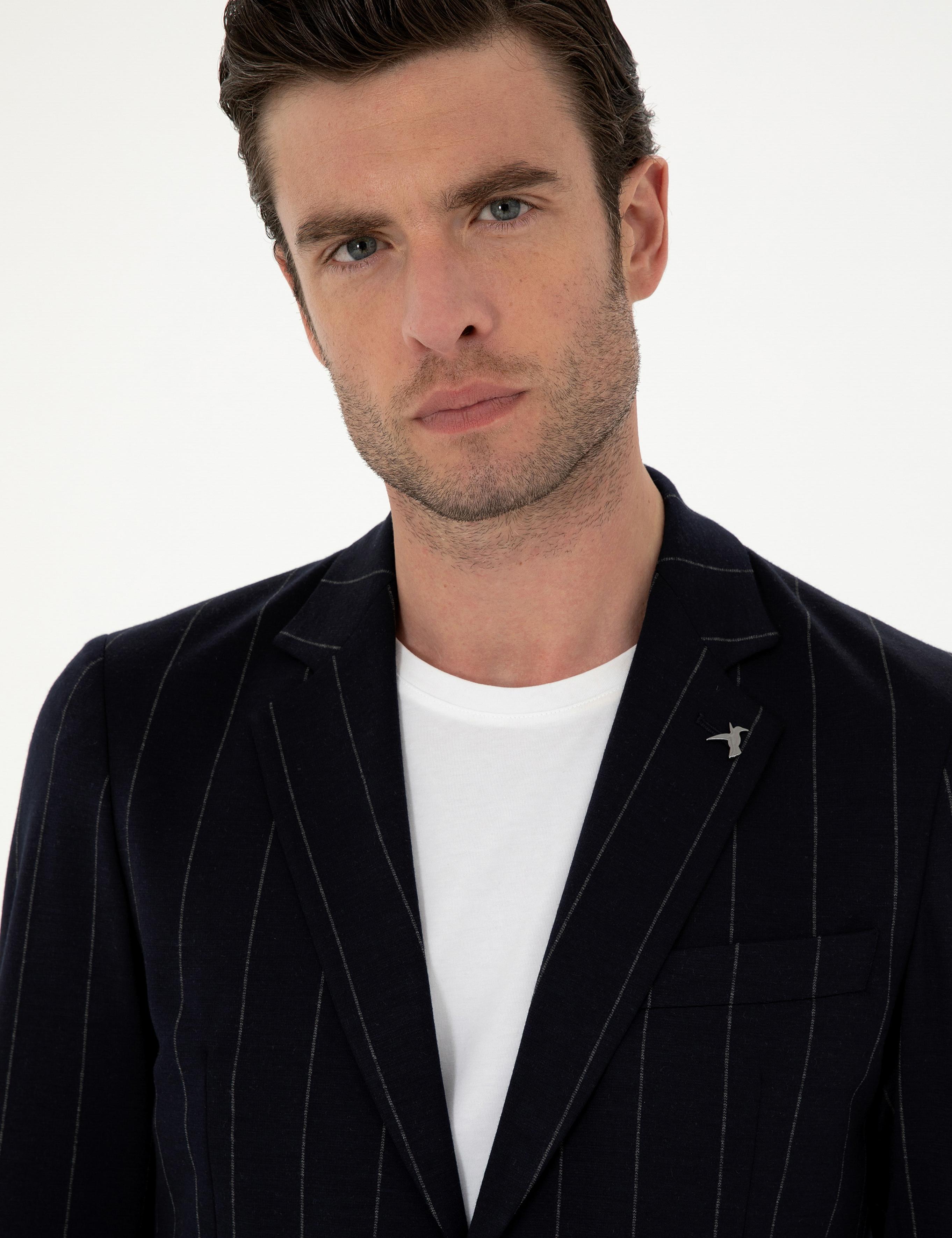 Koyu Lacivert Slim Fit Çizgili Yün Karışımlı Ceket - 50284820014