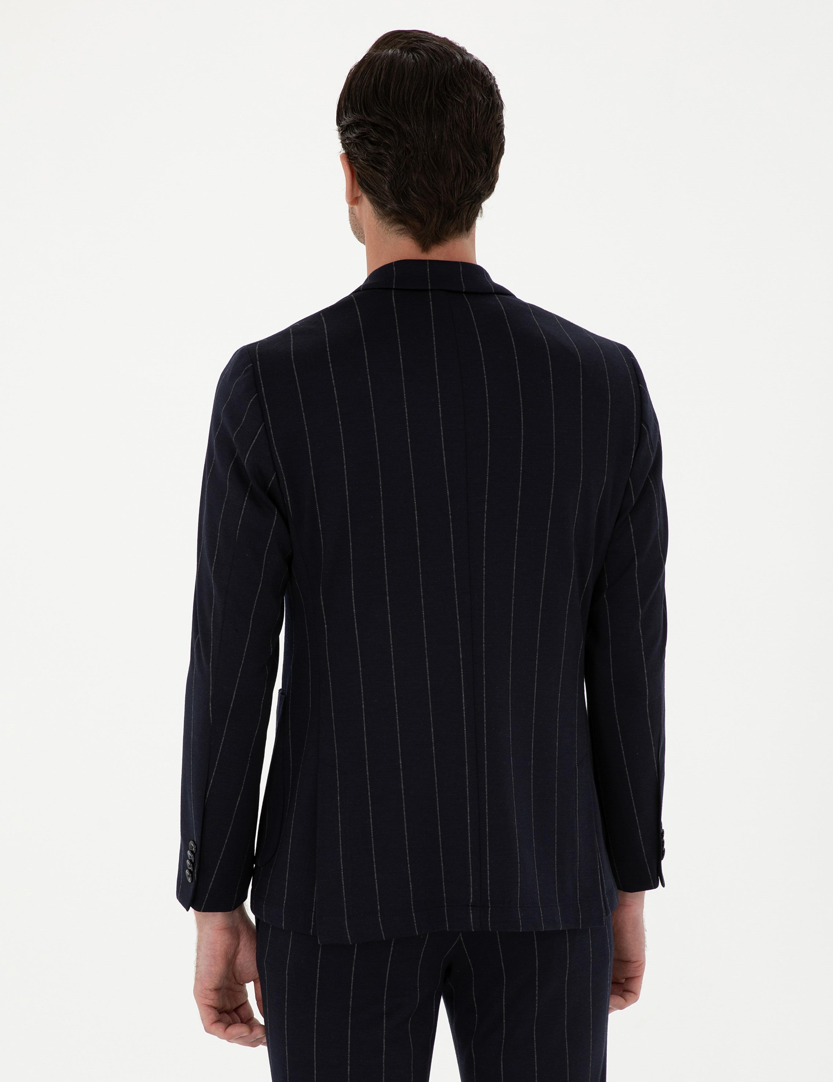 Koyu Lacivert Slim Fit Çizgili Yün Karışımlı Ceket - 50284820014