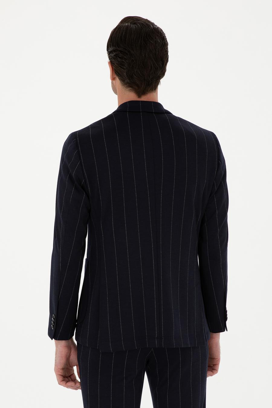 Koyu Lacivert Slim Fit Çizgili Yün Karışımlı Ceket - 50284820014