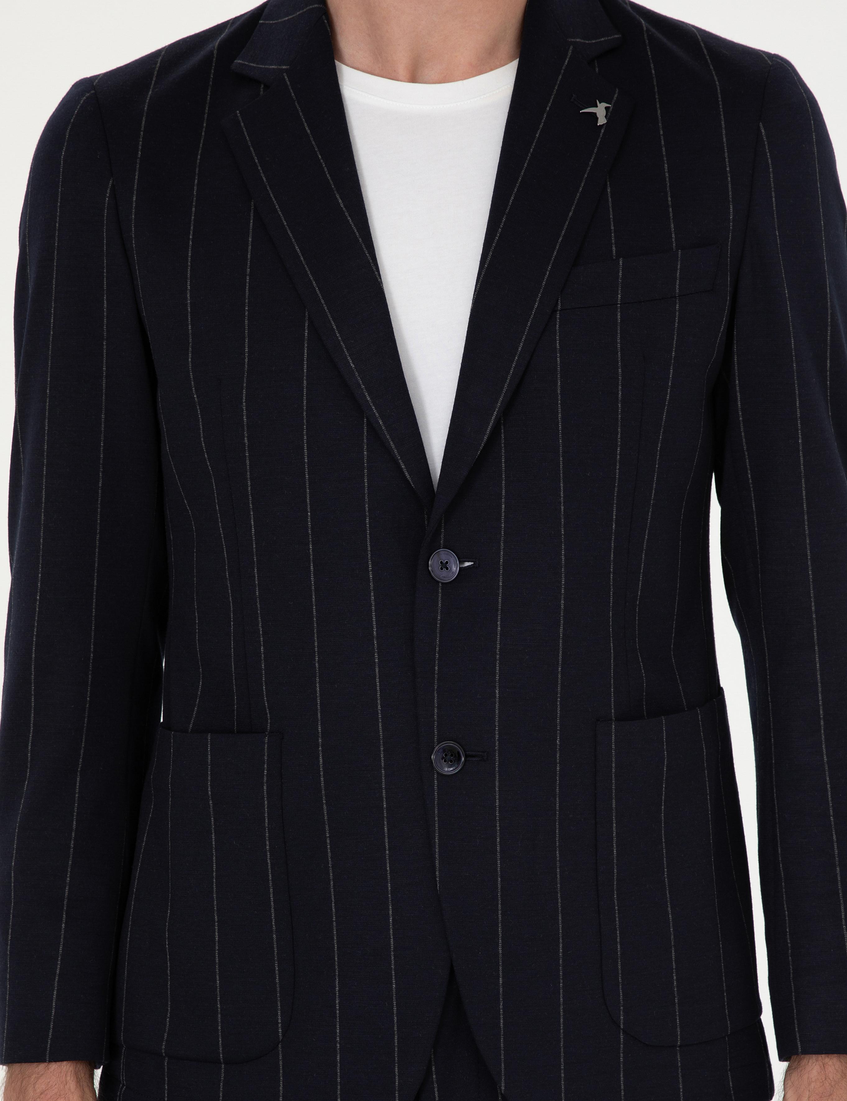 Koyu Lacivert Slim Fit Çizgili Yün Karışımlı Ceket - 50284820014