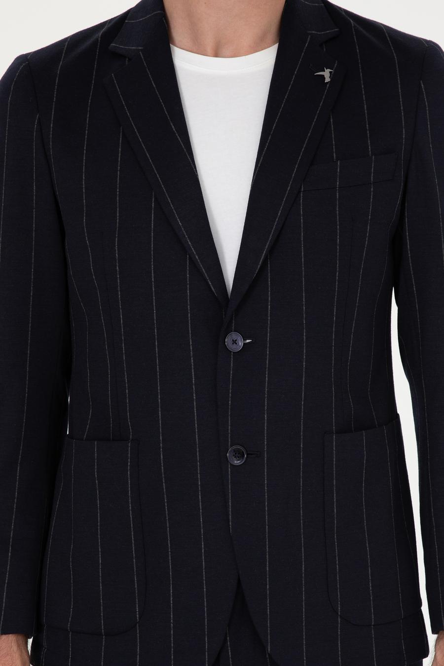 Koyu Lacivert Slim Fit Çizgili Yün Karışımlı Ceket - 50284820014