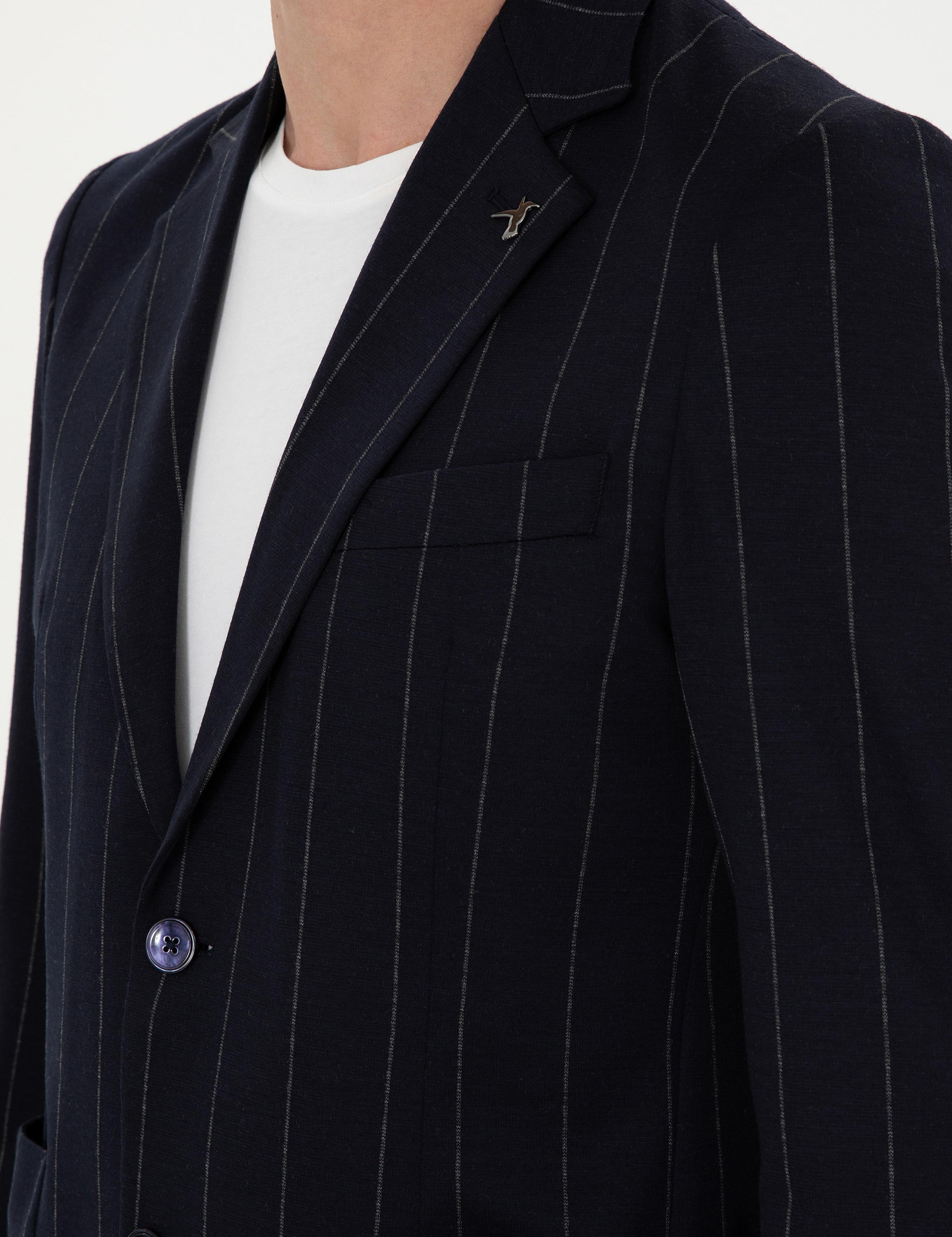 Koyu Lacivert Slim Fit Çizgili Yün Karışımlı Ceket - 50284820014