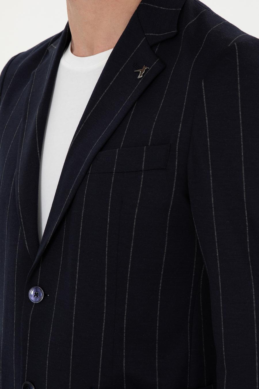 Koyu Lacivert Slim Fit Çizgili Yün Karışımlı Ceket - 50284820014