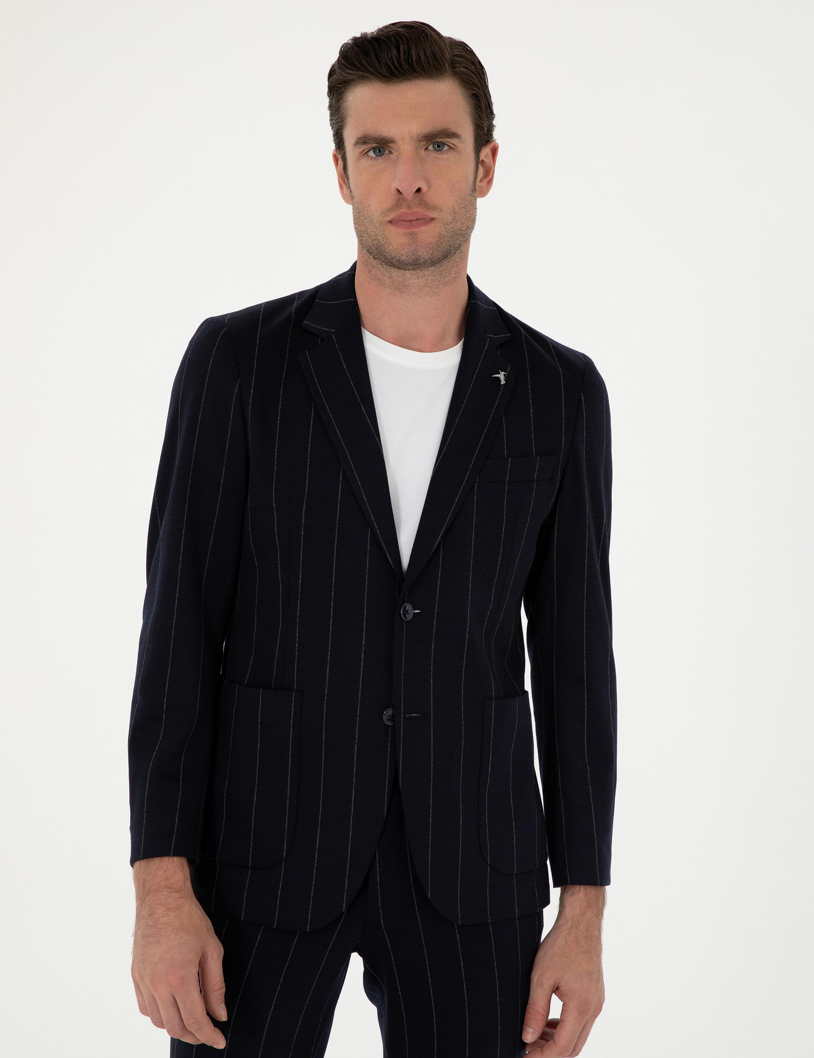 Koyu Lacivert Slim Fit Çizgili Yün Karışımlı Ceket - 50284820014