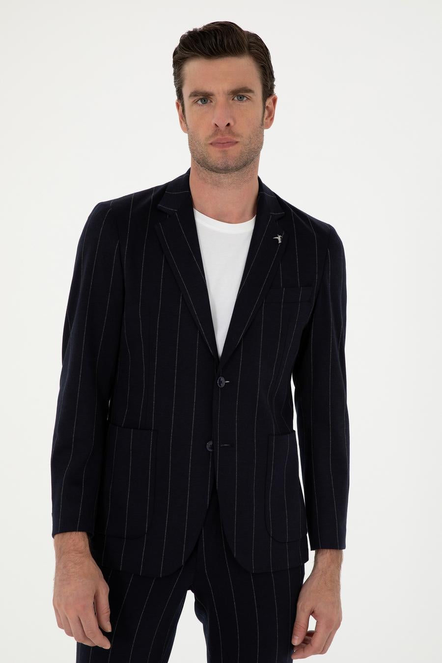 Koyu Lacivert Slim Fit Çizgili Yün Karışımlı Ceket - 50284820014