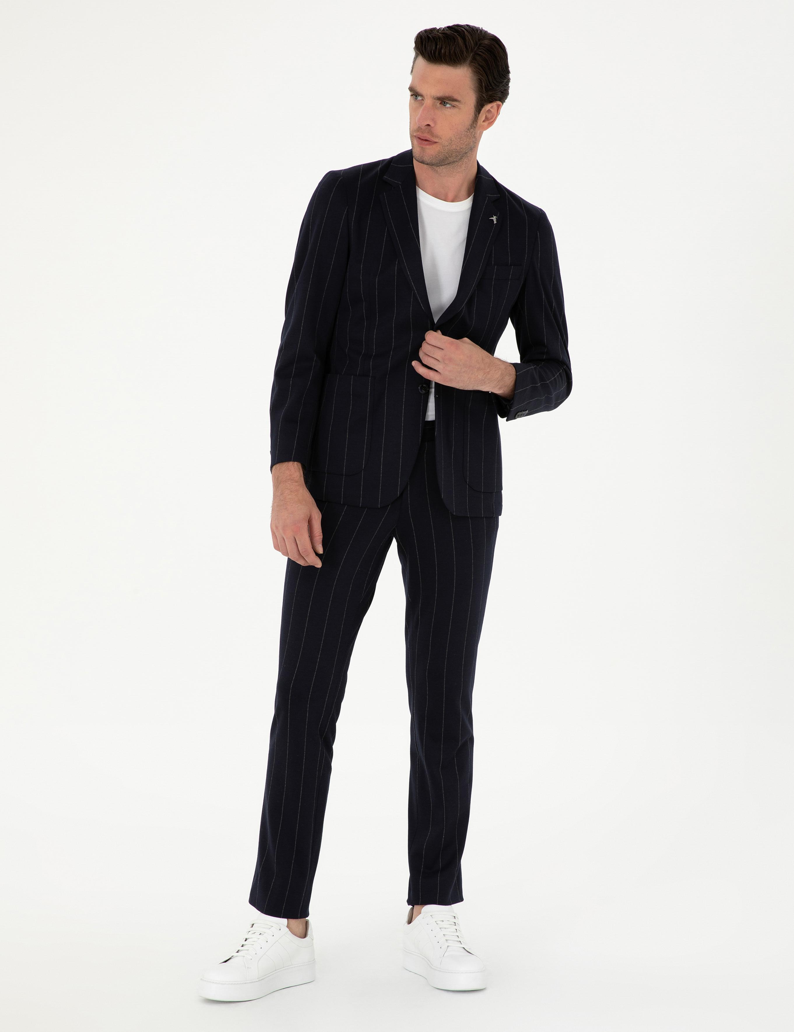 Koyu Lacivert Slim Fit Çizgili Yün Karışımlı Ceket - 50284820014