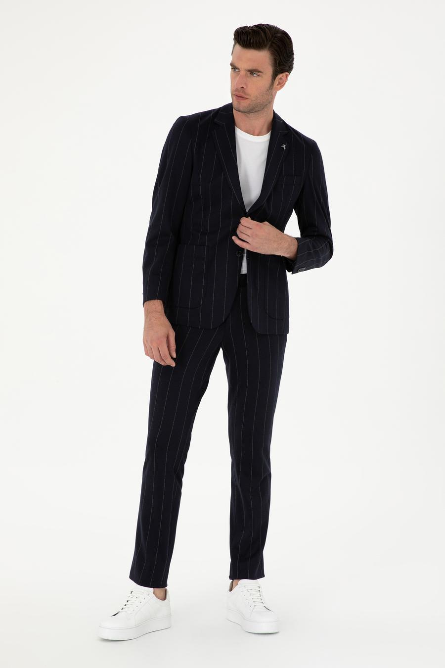 Koyu Lacivert Slim Fit Çizgili Yün Karışımlı Ceket - 50284820014