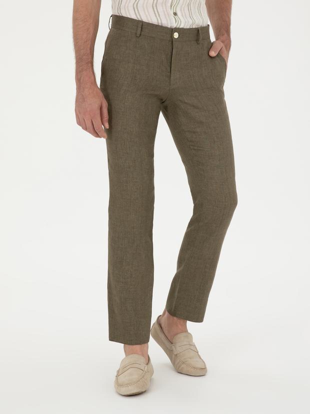 Haki Slim Fit %100 Keten Pantolon