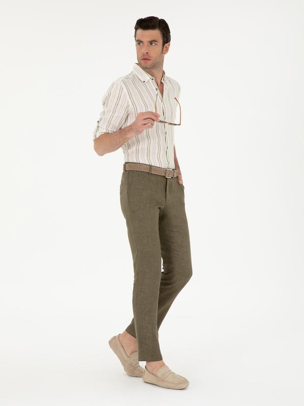 Haki Slim Fit %100 Keten Pantolon