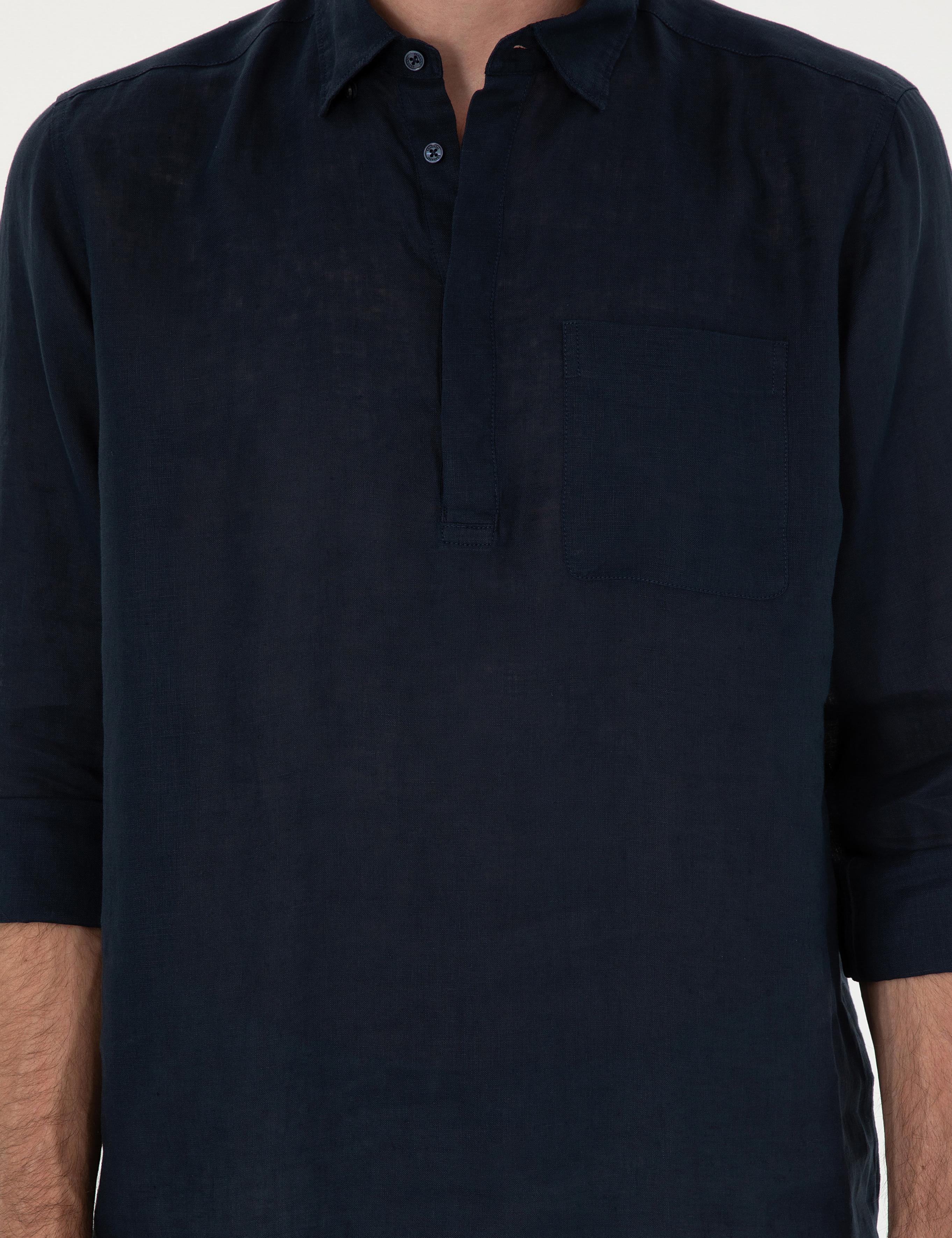 Lacivert Slim Fit Yarım Düğmeli %100 Keten Gömlek - 50288732025