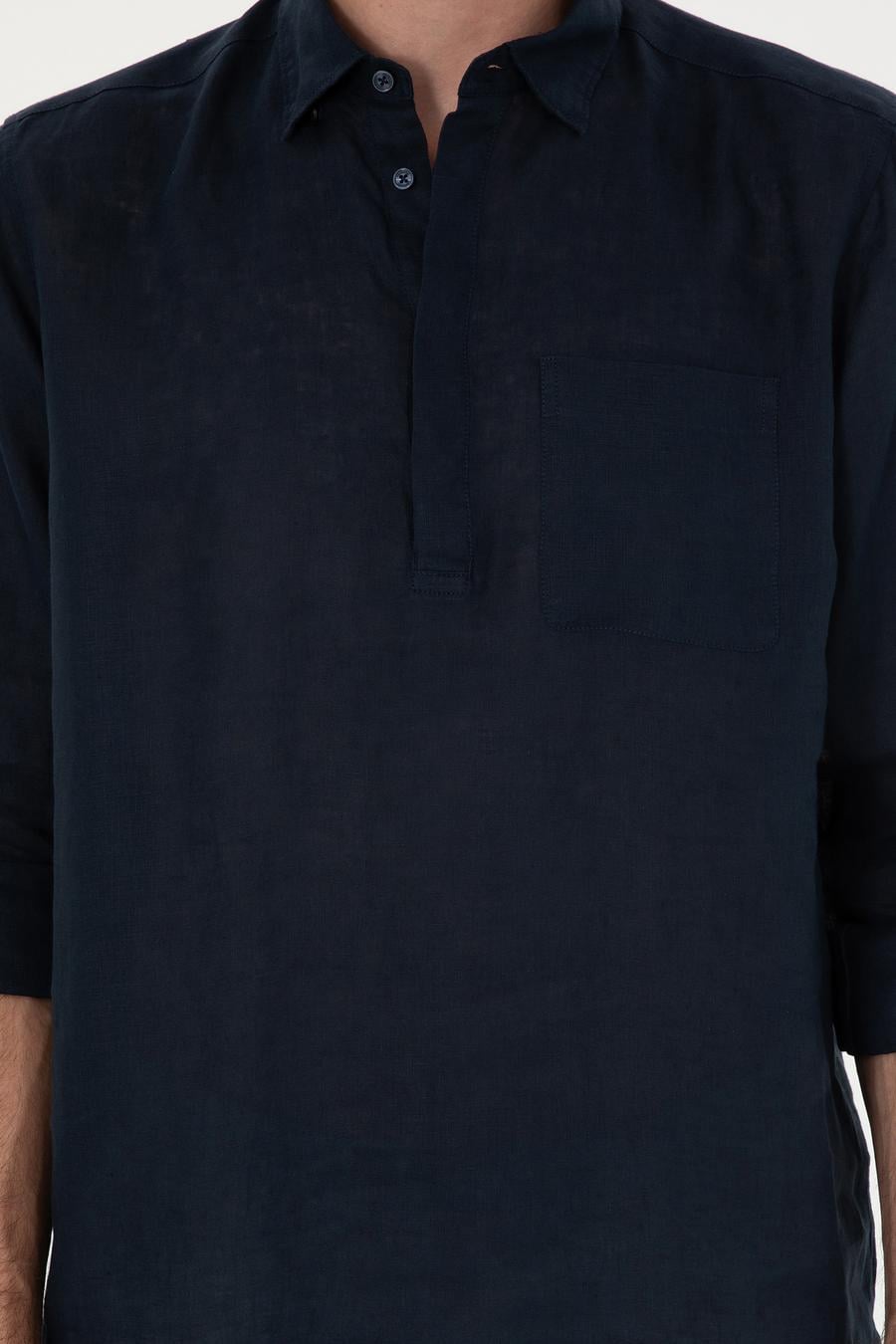 Lacivert Slim Fit Yarım Düğmeli %100 Keten Gömlek - 50288732025