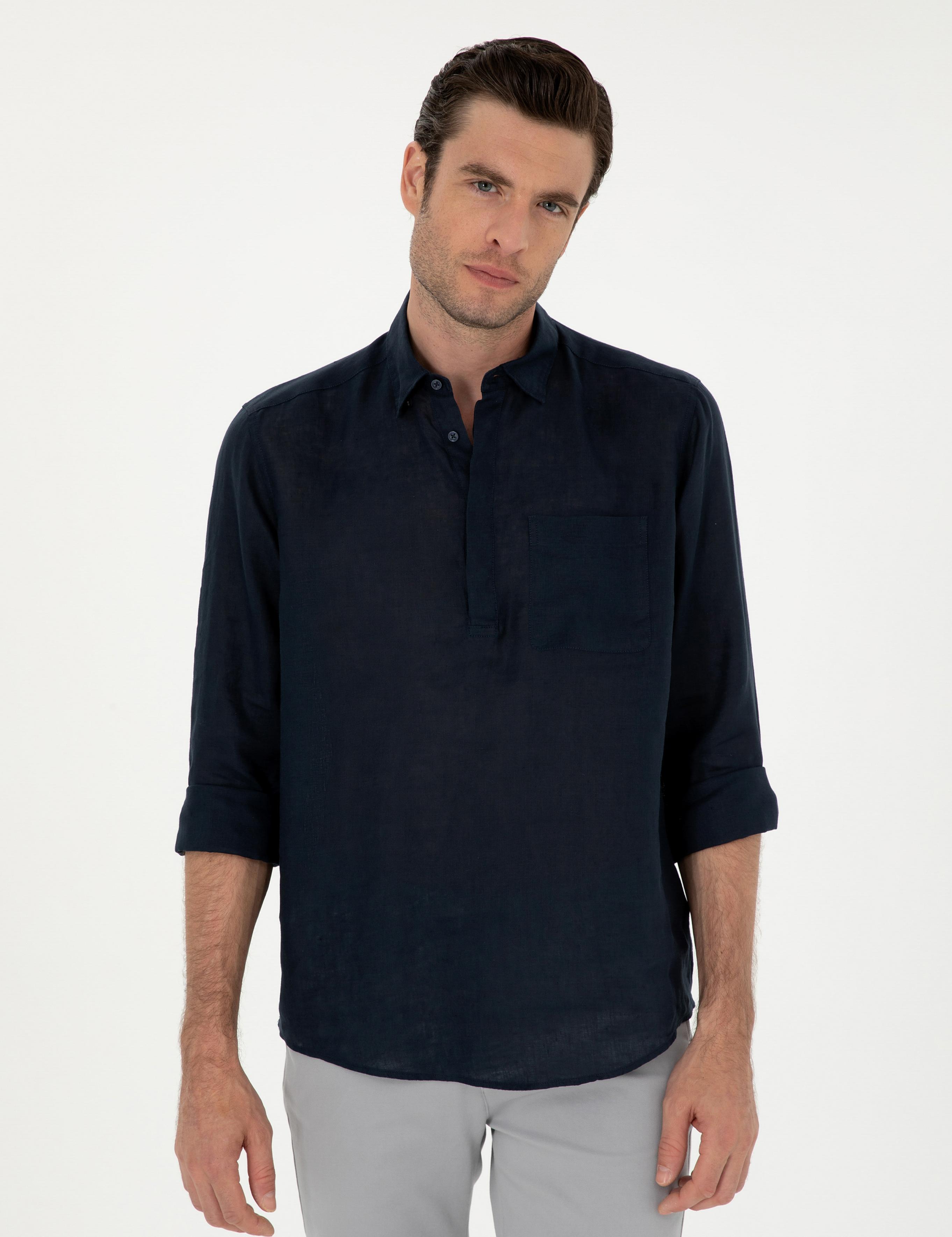 Lacivert Slim Fit Yarım Düğmeli %100 Keten Gömlek - 50288732025
