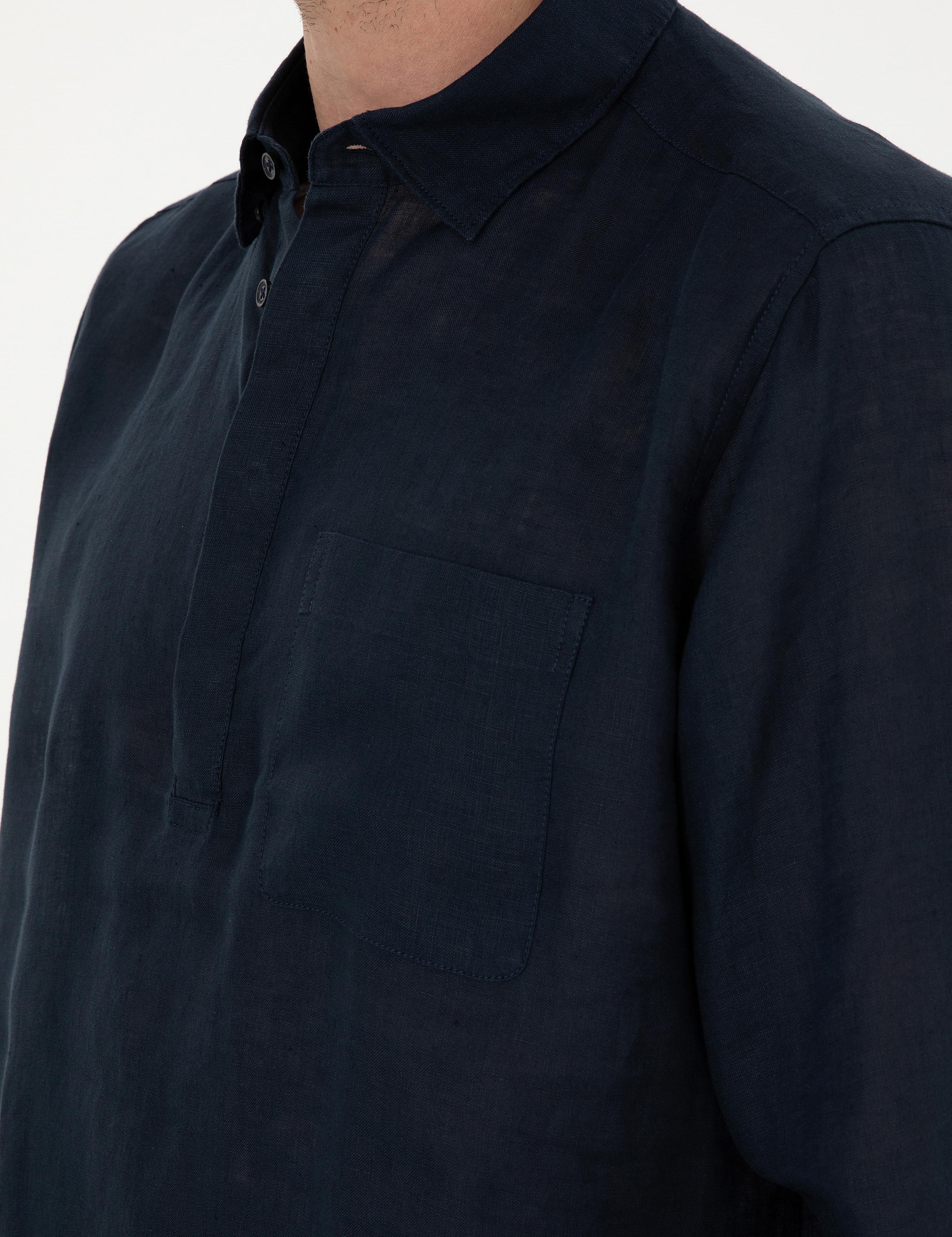 Lacivert Slim Fit Yarım Düğmeli %100 Keten Gömlek - 50288732025