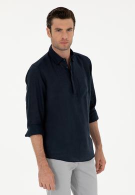 Lacivert Slim Fit Yarım Düğmeli %100 Keten Gömlek