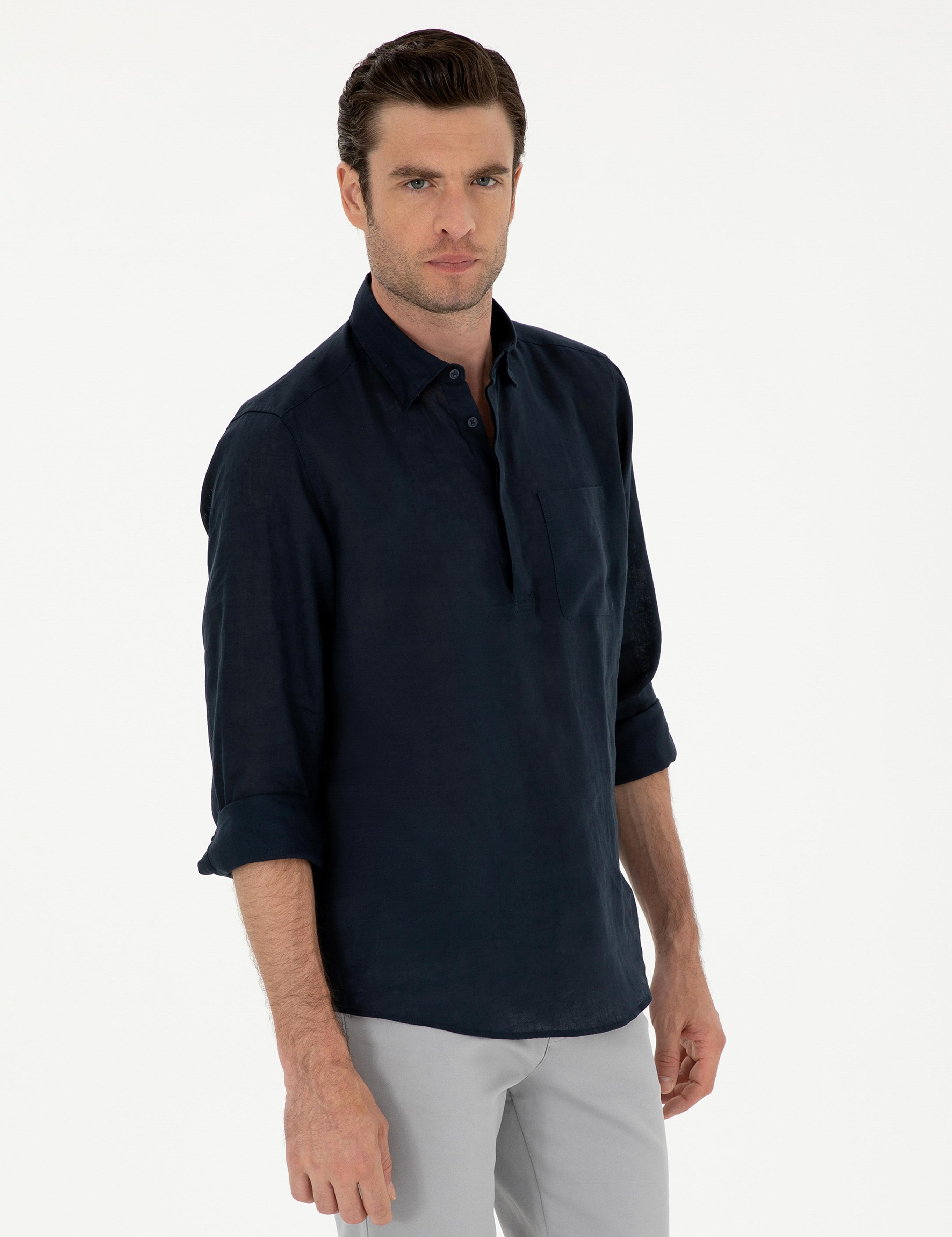 Lacivert Slim Fit Yarım Düğmeli %100 Keten Gömlek - 50288732025