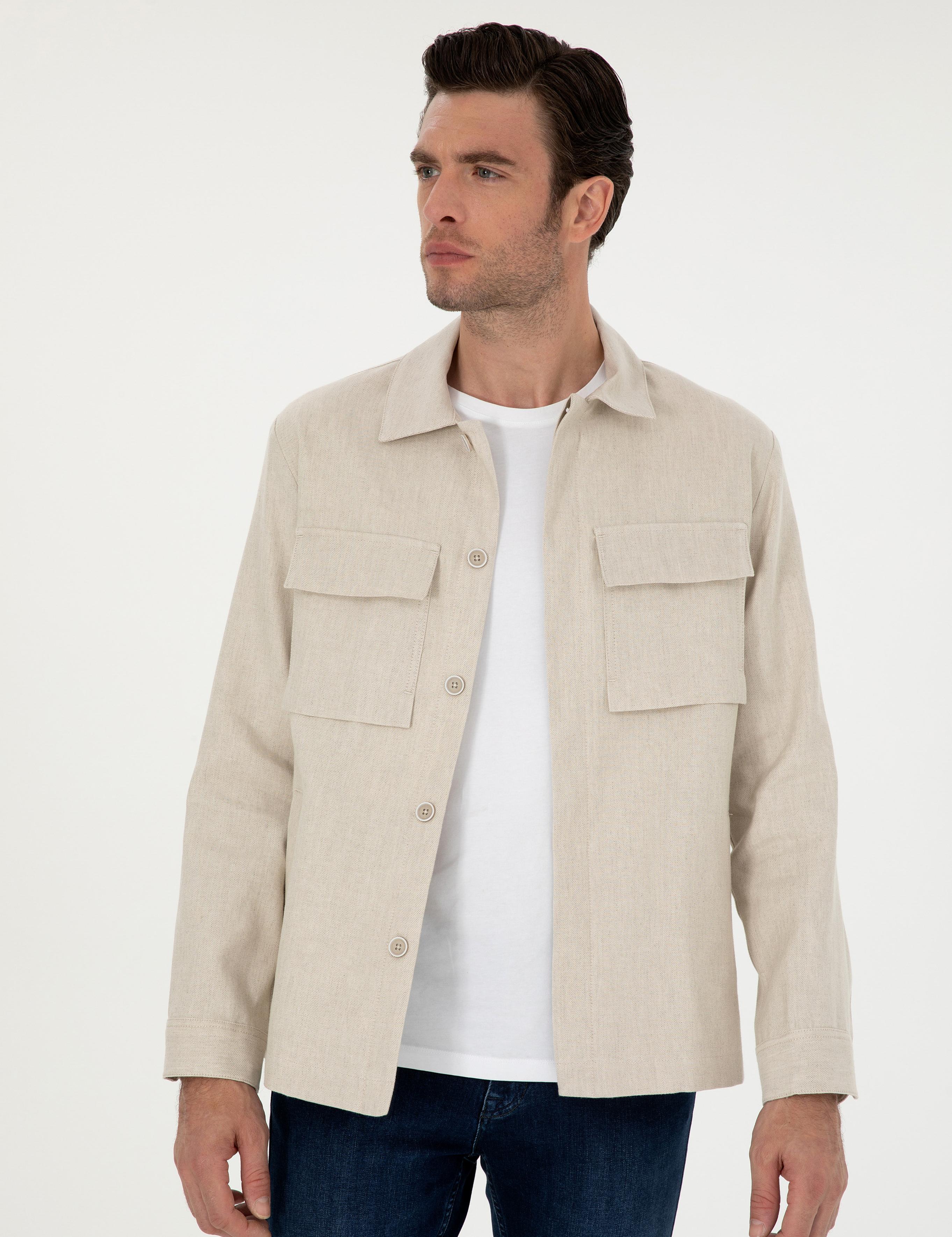 Bej Slim Fit Keten Karışımlı Ceket Gömlek - 50288993094