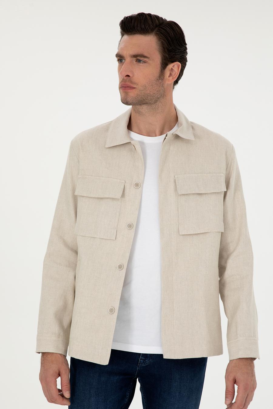 Bej Slim Fit Keten Karışımlı Ceket Gömlek - 50288993094