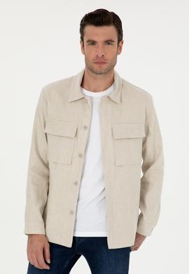 Bej Slim Fit Keten Karışımlı Ceket Gömlek