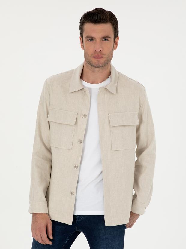 Bej Slim Fit Keten Karışımlı Ceket Gömlek