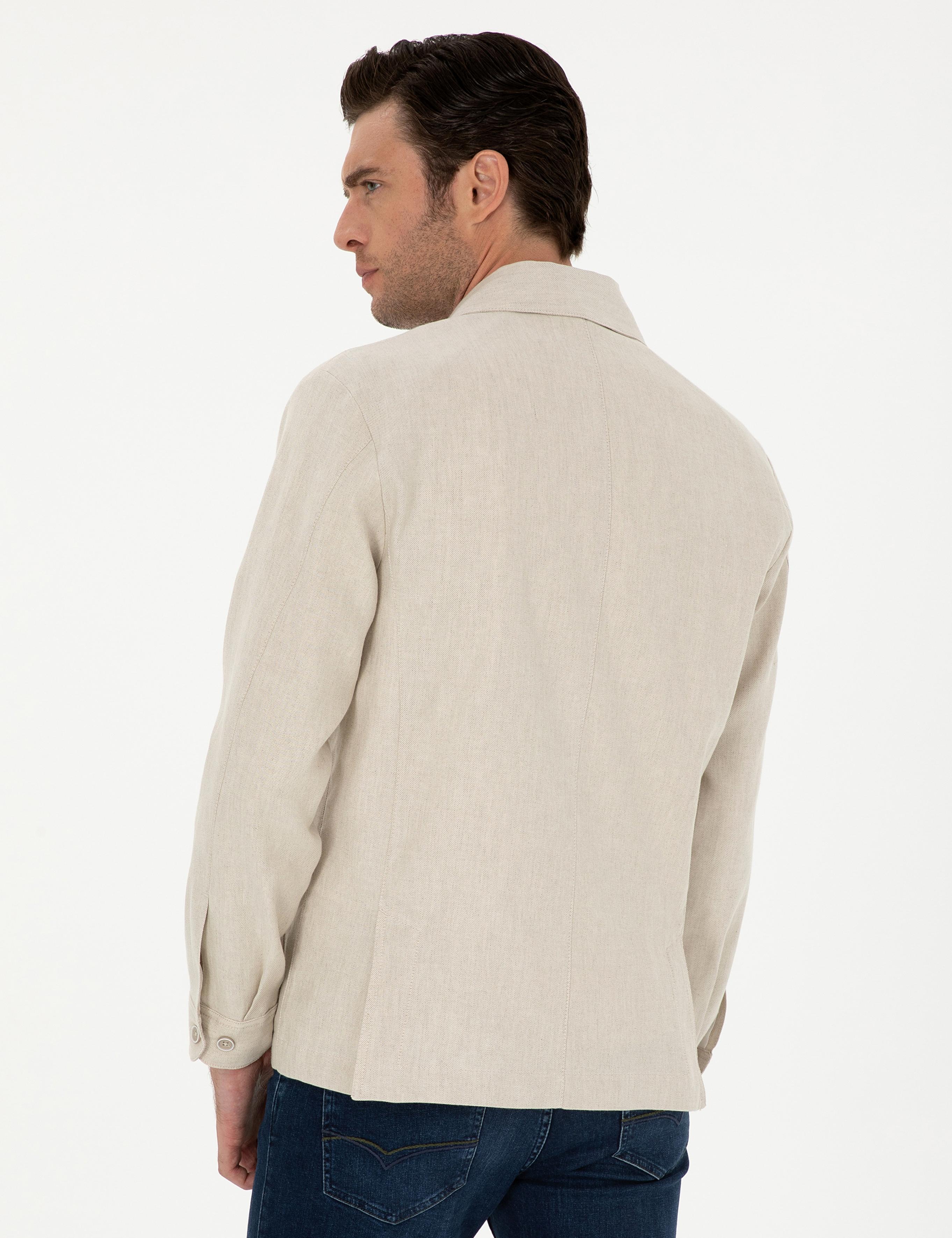 Bej Slim Fit Keten Karışımlı Ceket Gömlek - 50288993094