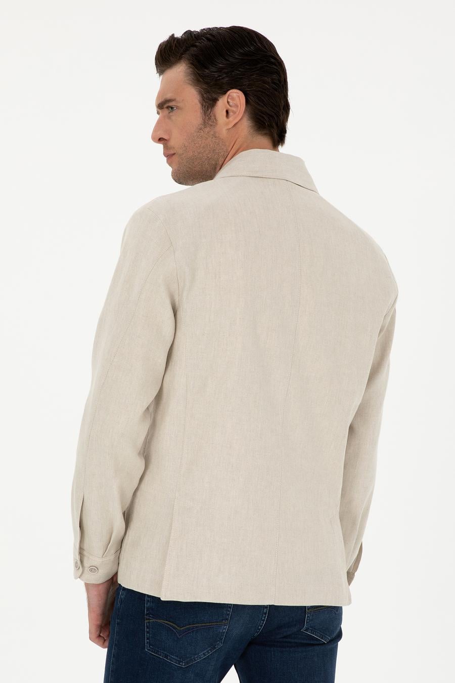 Bej Slim Fit Keten Karışımlı Ceket Gömlek - 50288993094