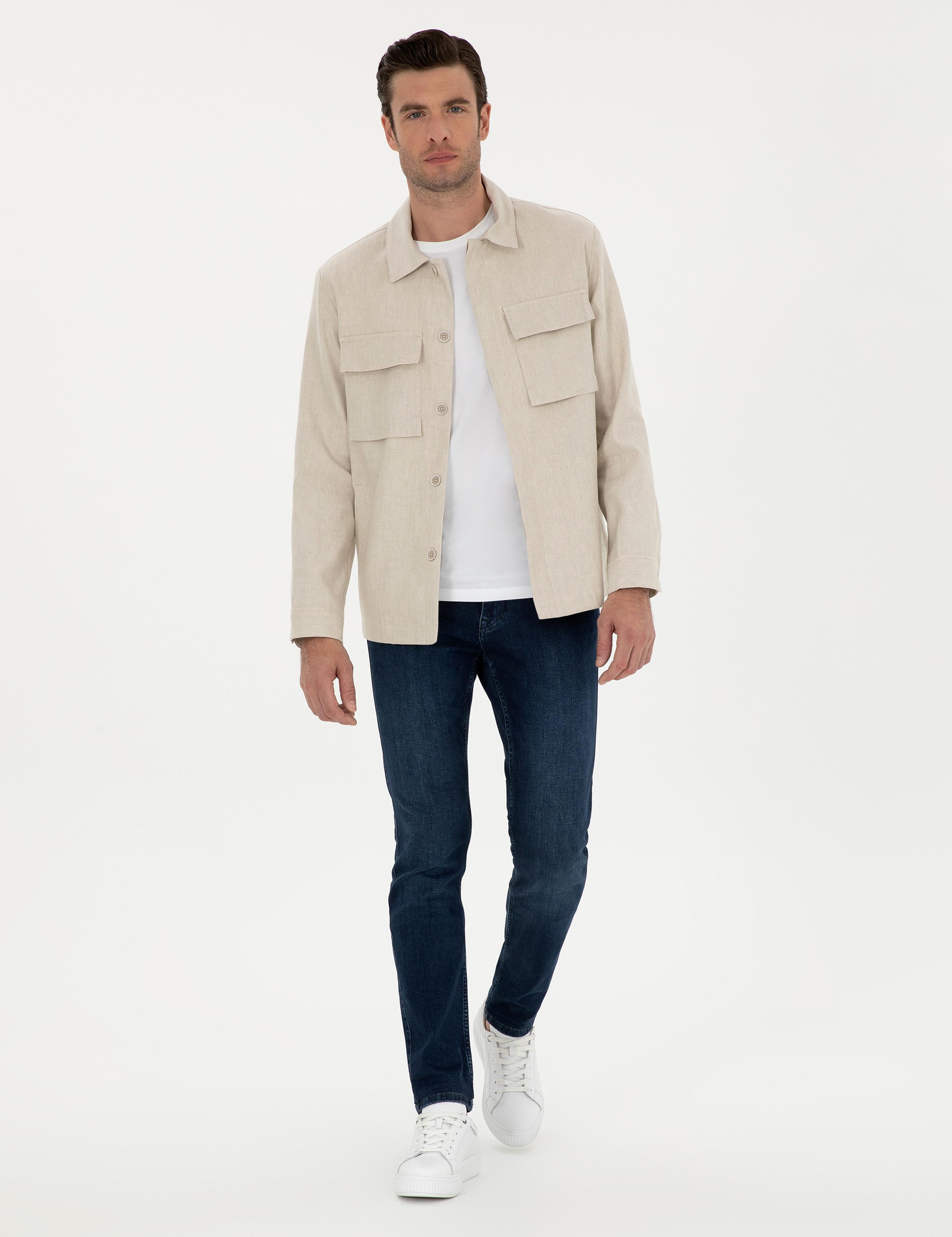 Bej Slim Fit Keten Karışımlı Ceket Gömlek - 50288993094