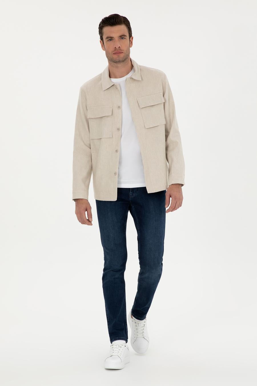 Bej Slim Fit Keten Karışımlı Ceket Gömlek - 50288993094