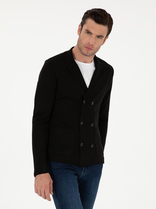 Siyah Slim Fit Yün Karışımlı Kruvaze Triko Hırka