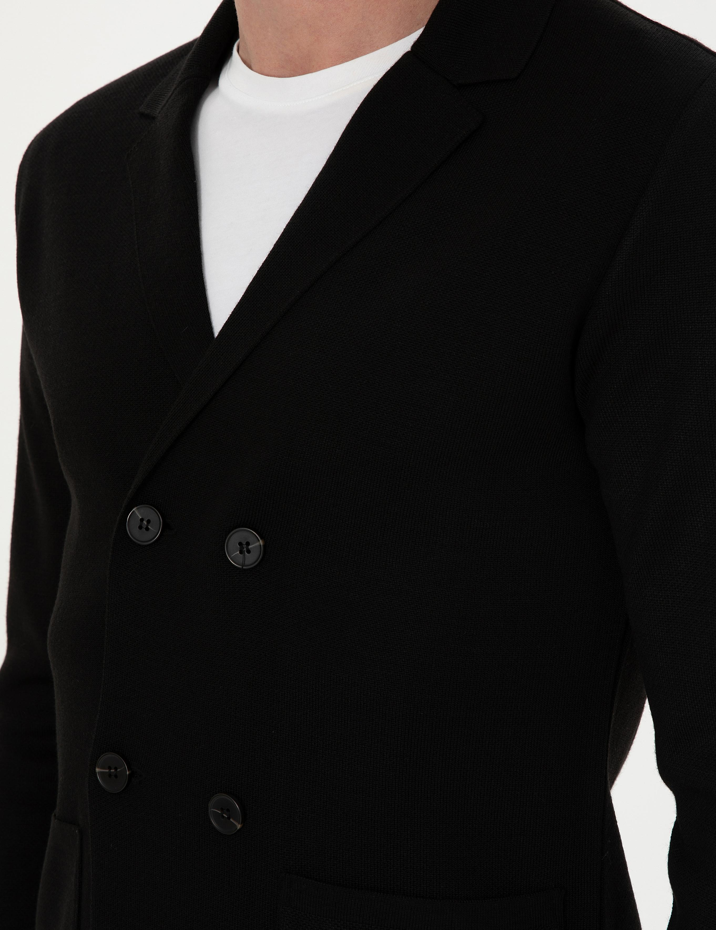 Siyah Slim Fit Yün Karışımlı Kruvaze Triko Hırka - 50296283009