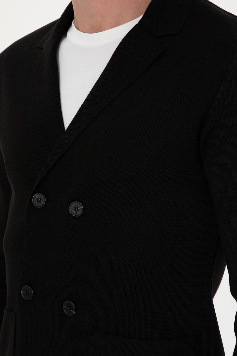 Siyah Slim Fit Yün Karışımlı Kruvaze Triko Hırka - 50296283009