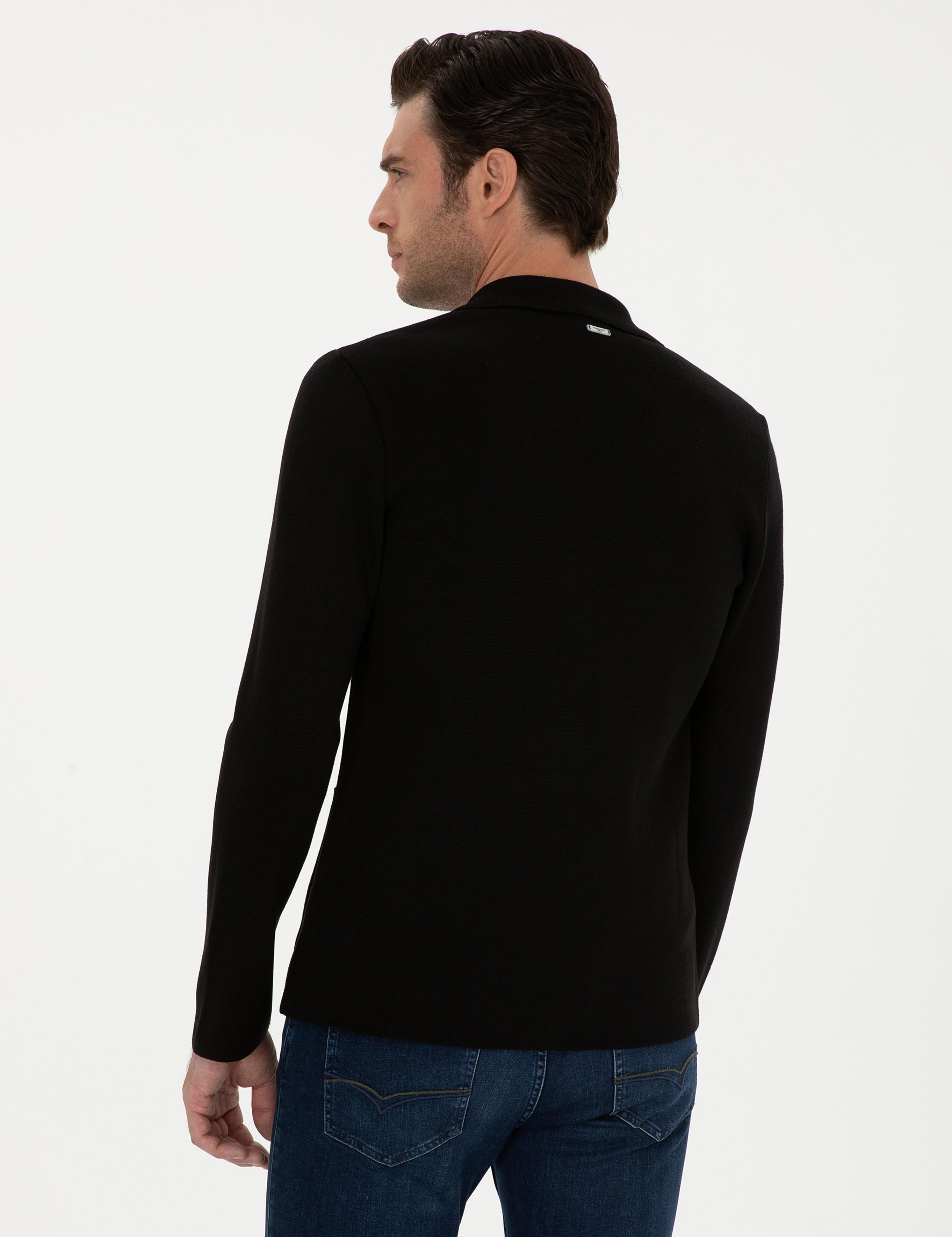 Siyah Slim Fit Yün Karışımlı Kruvaze Triko Hırka - 50296283009